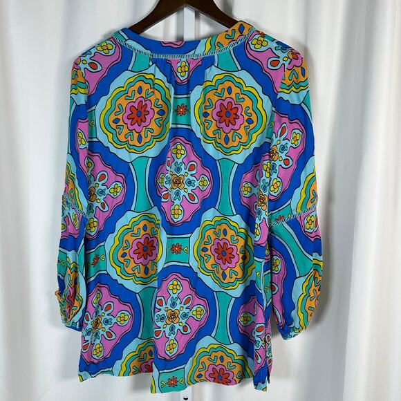John Mark‎ Pink Blue Geometric Floral V-neck Blouse M Colorful Retro Boho Artsy - Picture 6 of 10